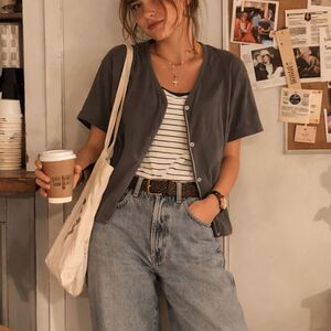 90s, Basic Editions, Grey Short Sleeve Faux Layered Cardigan Top, Minimalistic